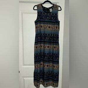 Sleeveless Blue, Tan and Gold Maxi Dress Size 12